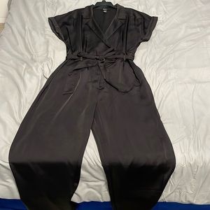 Jumpsuit - black satin jumpsuit with tie belt and pockets
